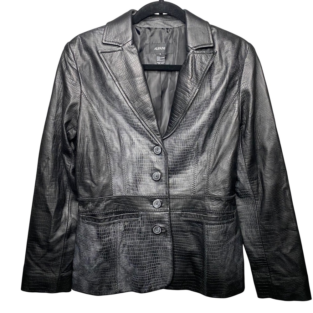 Alfani Womens Black Genuine‎ Leather Crocodile Embossed Blazer Jacket Size M